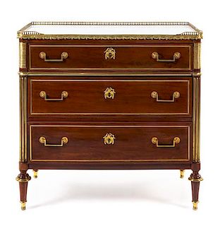 A Louis XVI Style Gilt Bronze Mounted Mahogany Chest of Drawers Height 35 1/2 x width 36 1/2 x depth 18 1/4 inches.