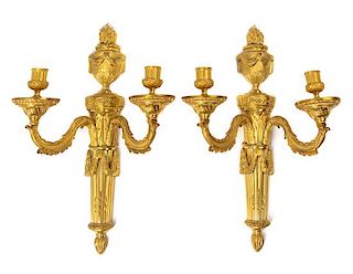 A Pair of Louis XVI Gilt Bronze Two-Light Sconces Height 17 inches.