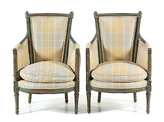 A Pair of Directoire Painted Bergeres Height 35 inches.