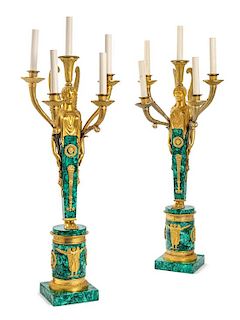 A Pair of Empire Style Gilt Bronze and Malachite Five-Light Candelabra Height 29 inches.