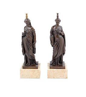 A Pair of French Bronze Figures Height overall 34 inches.