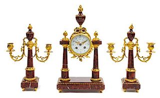 A French Gilt Bronze and Marble Clock Garniture Height of mantel clock 15 1/2 inches.