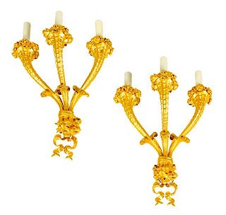 A Pair of French Gilt Bronze Three-Light Sconces Height 19 inches.