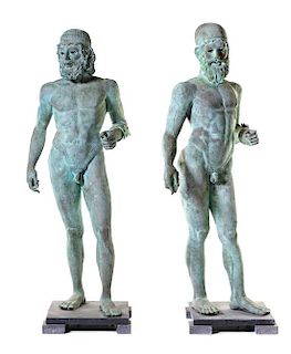 * A Pair of Monumental Patinated Bronze Riace Warriors Height 77 inches.
