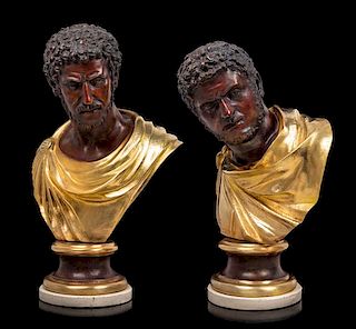 A Pair of Continental Bronze Busts of Roman Officials Height of taller 27 1/2 inches.
