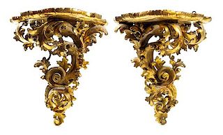 A Pair of Large Italian Giltwood Wall Brackets Height 19 1/2 inches.