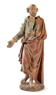 A Polychromed Figure of Saint Peter Height 47 inches.