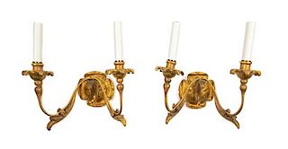 A Pair of Continental Giltwood Two-Light Sconces Width 13 inches.