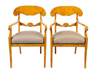 A Pair of Biedermeier Style Burlwood Armchairs Height 35 3/4 inches.