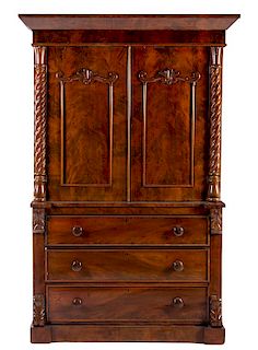 A Viennese Mahogany Linen Press Height 77 3/4 x width 52 x depth 23 1/4 inches.