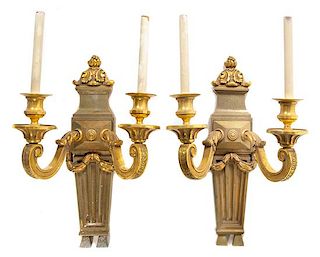 A Pair of Neoclassical Style Gilt Bronze Two-Light Sconces Height 20 1/4 inches.