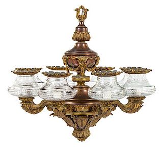 * A Neoclassical Gilt Metal Eight-Light Chandelier Height 35 x diameter 25 1/2 inches.