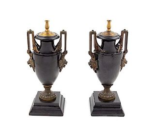 A Pair of Neoclassical Bronze Mounted Slate Urns Height of base 18 inches.