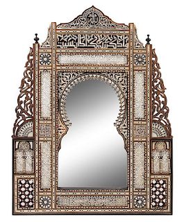 A Pair of Moorish Mother-of-Pearl Inlaid Mirrors Height 34 x width 26 3/8 inches.