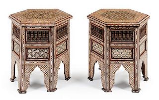 A Pair of Moorish Mother-of-Pearl Inlaid Side Tables Height 25 x width 24 inches.