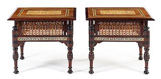 A Pair of Moorish Mother-of-Pearl Inlaid Side Tables Height 22 1/2 x width 25 3/4 x depth 17 7/8 inches.