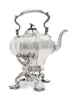 A William IV Silver Kettle-on-Stand, J. Wrangham & William Moulson, London, 1836, the domed lid with a floral finial above the f