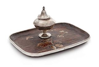 A Victorian Silver-Mounted and Polychrome Wood Standish, John & William Deakin, Sheffield, 1887, the silver-lined wood tray deco