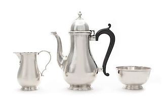 * An English Silver Three-Piece Bachelor's Coffee Service, Ellis Jacob Greenberg, London, 1928, Retailed by Tiffany & Co., compr