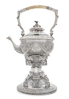 A Belgian Silver Kettle-on-Stand, Maker's Mark JD with Three Pellets, Mid-19th Century, the lid having an addorsed dolphin finia