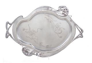 An Austro-Hungarian Art Nouveau Silver Tray, Maker's Mark MG, Vienna, Late 19th/Early 20th Century, the rim worked to show flora