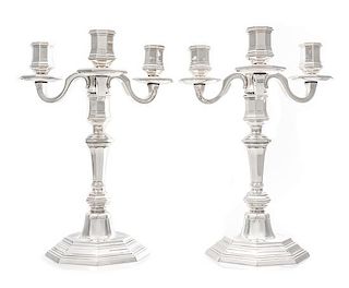 A Pair of French Silver-Plate Three-Light Candelabra, Christofle, Paris, 20th Century, each paneled baluster form stem terminati