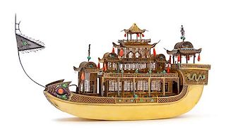 A Chinese Export Silver-Gilt and Enameled Model of a Hua Fang Ship, 20th Century, the three-tiered ship with coral and turquoise