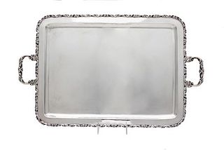 A Mexican Silver Tray, Juvento Lopez Reyes, Mexico City, Mid-20th Century, of rectangular form, the rim and handles worked to sh