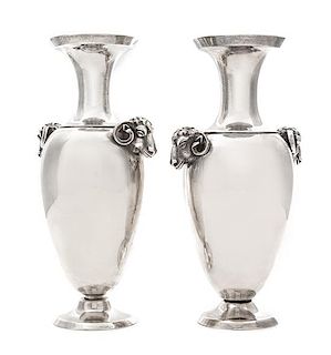 A Pair of American Silver Vases, Tiffany & Co., New York, Circa 1860, each with twin ram's mask handles.