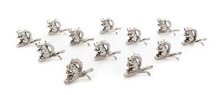 A Set of Twelve American Silver Zoomorphic Placecard Holders, Tiffany & Co., New York, 20th Century, each in the form of a squir