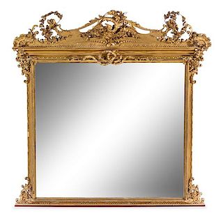 A Victorian Style Giltwood Overmantel Mirror Height 47 1/2 x width 53 inches.