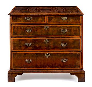 A William and Mary Oysterwood Veneered Chest of Drawers Height 34 x width 38 x depth 22 inches.