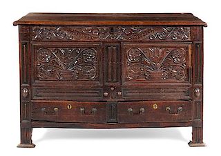 * A William and Mary Oak Chest Height 35 x width 52 x depth 22 1/2 inches.