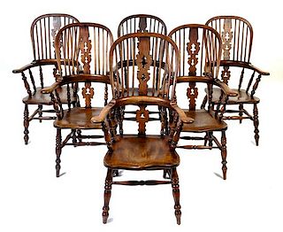 Six English Oak Windsor Chairs Height 44 3/8 inches.