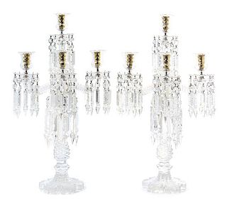A Pair of Cut Glass Five-Light Candelabra Height 19 inches.