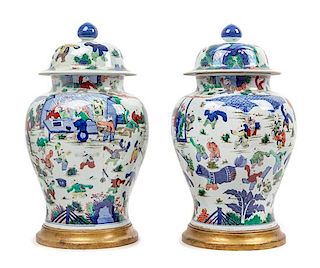 A Large Pair of Chinese Wucai Porcelain Covered Jars Height 27 inches.