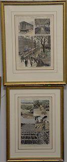 Group of thirteen Harpers Weekly colored lithographs including Horserace, City Buildings, Polo, Horse Auction, Ships, Brooklyn Bridge, etc. sight size