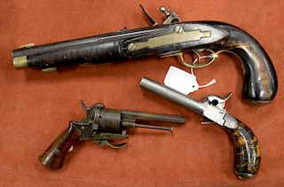 Three handguns including French double barrel percussion travel pistol, a 6 shooter revolver 19th century percussion, and a flint lock marked Maslam W