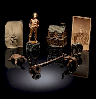 Vintage Photograph, P. Kowalczewski Bronze Figure, Cast Iron Bank and Table Top Animals