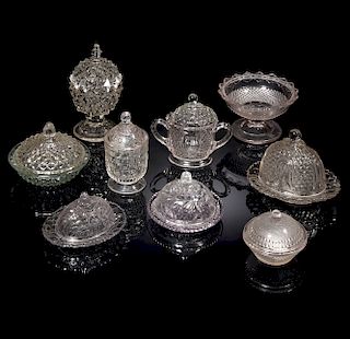 Nine Pressed Glass Covered Dishes