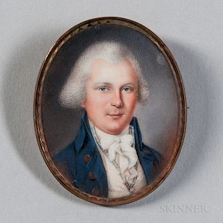 Attributed to John Ramage (New York/Canada, 1748-1802)  Miniature Portrait of a Man in a Blue Jacket