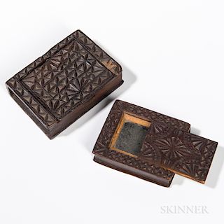 Two Chip-carved Book-form Slide-lid Boxes
