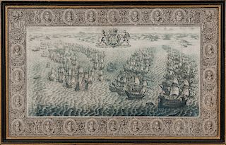 Engraving After the Tapestry Hangings of the House of Lords, Representing the Several Engagements between the English and Spanish Fleet