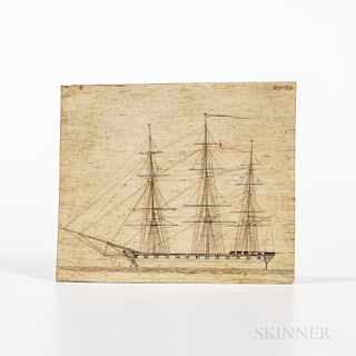 Scrimshaw Panbone Plaque Depicting a Three-masted Sailing Ship