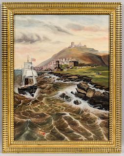 American School, Late 19th/Early 20th Century  Oceanscape with Lighthouse and Fortification