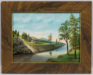 American School, 19th Century  River Scene with White House