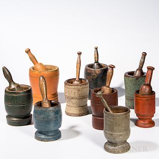 Collection of Nine Turned and Painted Mortars and Pestles