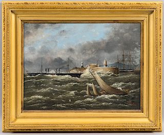 F.B. Knox (British, b. 1893)  Paddlewheel Steamer Nearing Lighthouse in Rough Seas