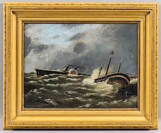 F.B. Knox (British, b. 1893)  Paddlewheel Steamer and Sinking Ship in Rough Seas