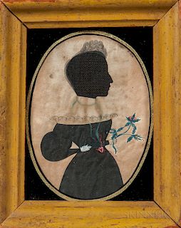 Hollow-cut and Watercolor Silhouette Portrait of a Woman Holding Flowers